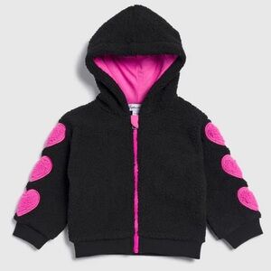 Toddler Girls Black Sherpa Fleece Jacket Pink Hearts Hooded Full Zip Hoodie 3T